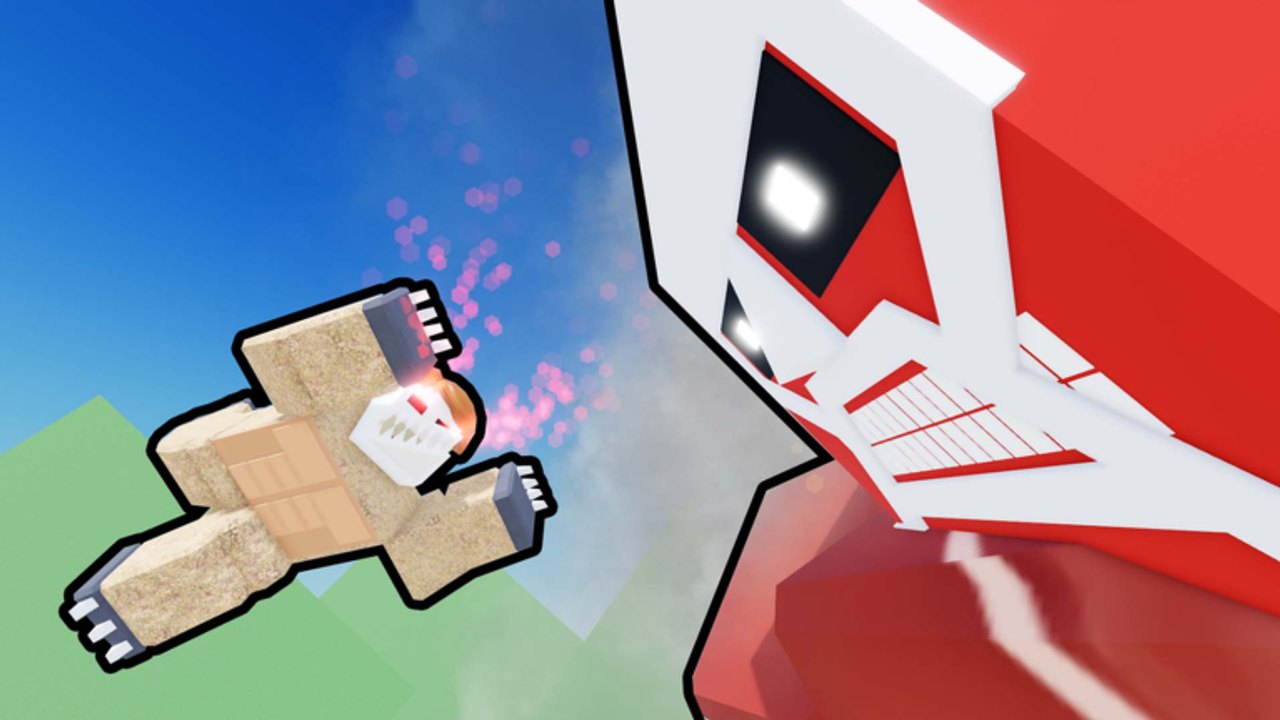 A SNK Rumbling player flying toward a colossal titan under a blue sky