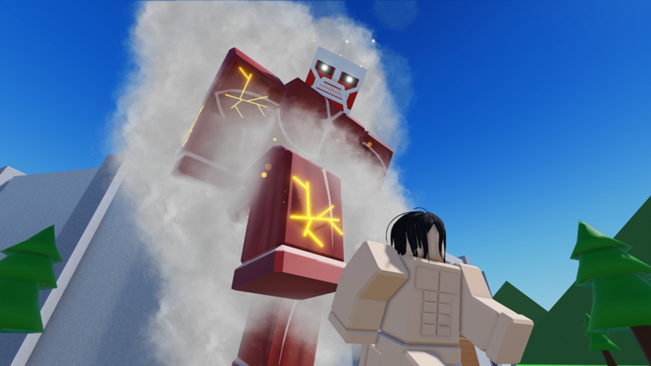 A SNK Rumbling titan transforming in steam while a player watches from the ground